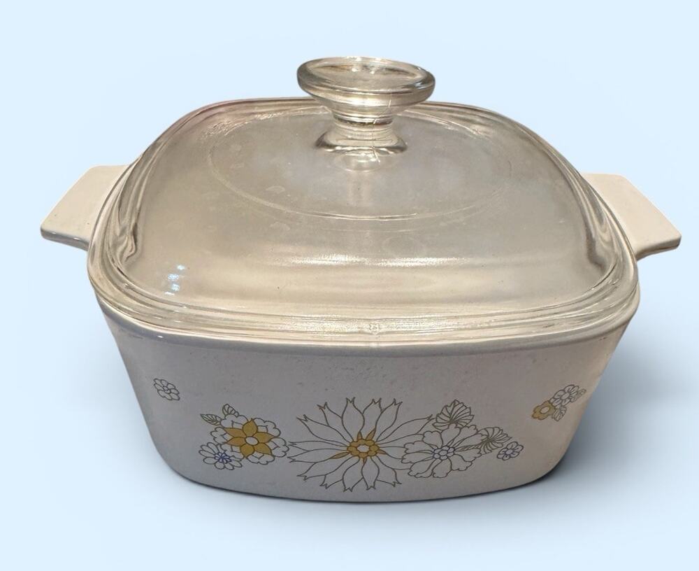 VTG Corning Ware Yellow Daisy Floral Bouquet 1.5 Qt Casserole Dish W Lid